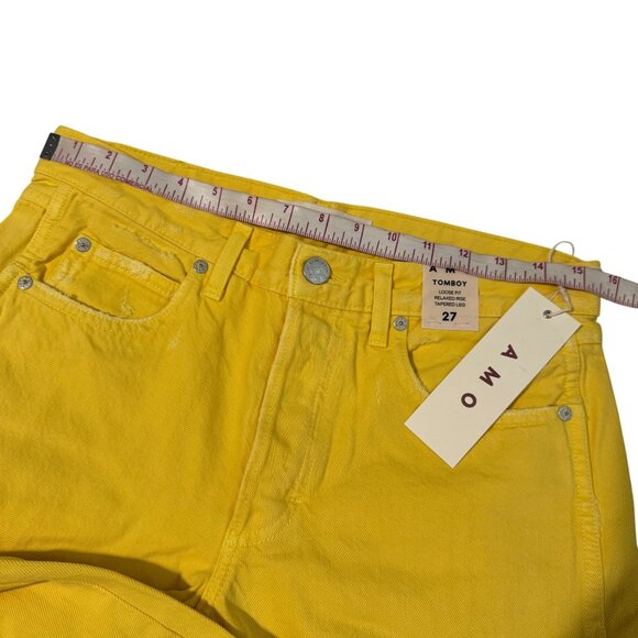 AMO Womens Tomboy Crop Pants Yellow Denim Size 27 Relaxed Fit Button Fly - Picture 7 of 16